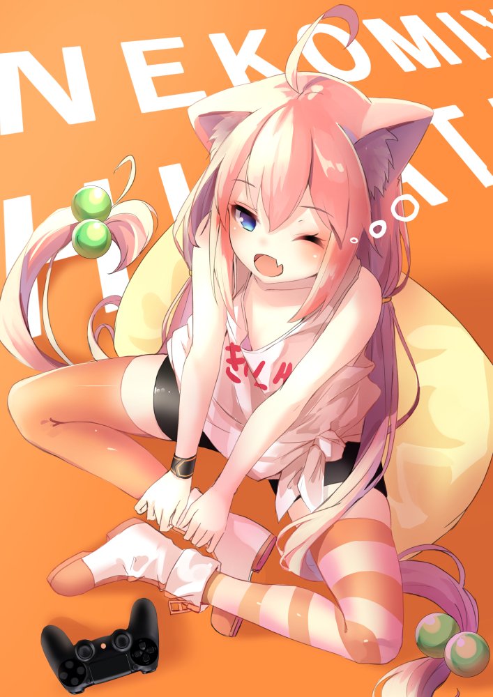 1girl ahoge animal_ears bike_shorts blue_eyes boots cat_ears character_name controller fang from_above game_controller hair_bobbles hair_ornament hinata_channel long_hair looking_up low_twintails mismatched_legwear nekomiya_hinata one_eye_closed open_mouth orange_background orange_legwear pecco_chan pillow pink_hair shorts sitting sleepy solo striped striped_legwear thigh-highs twintails vest white_footwear white_vest wristband yawning