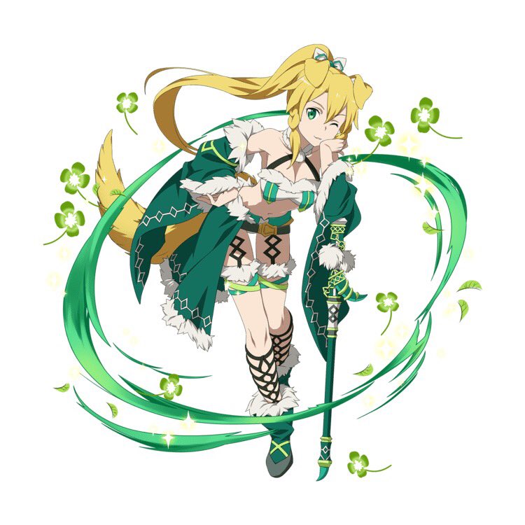 1girl ;) animal_ears belt blonde_hair braid breasts chin_rest choker cleavage clover_(flower) collarbone detached_sleeves dog_ears dog_tail flower full_body fur_trim green_eyes green_footwear hair_between_eyes hair_ribbon hand_on_hip high_ponytail large_breasts leafa leaning_forward long_hair looking_at_viewer micro_shorts midriff navel one_eye_closed ribbon shorts sidelocks simple_background smile solo staff stomach sword_art_online tail thigh_strap twin_braids very_long_hair white_background white_ribbon