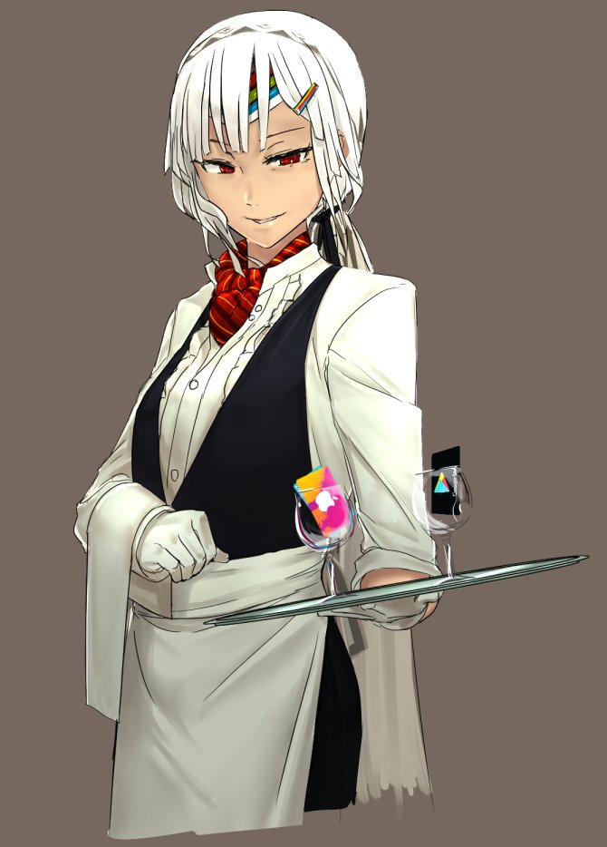 1girl altera_(fate) apron black_vest brown_background collared_shirt commentary fate/grand_order fate_(series) glass gloves google_play grin hair_ornament hairclip headband holding i-pan long_hair looking_at_viewer necktie parted_lips ponytail red_eyes red_neckwear shirt simple_background smile solo tray upper_body vest waist_apron waitress white_gloves white_hair white_shirt wing_collar