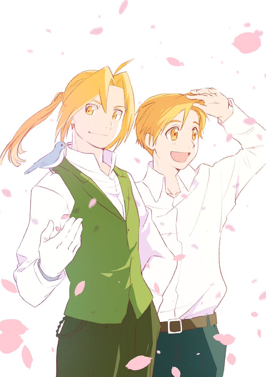 2boys :d alphonse_elric animal bird blonde_hair brothers edward_elric fullmetal_alchemist image_sample long_hair long_sleeves looking_away male_focus multiple_boys open_mouth petals ponytail shirt siblings simple_background smile standing twitter_sample waistcoat white_background white_shirt yellow_eyes