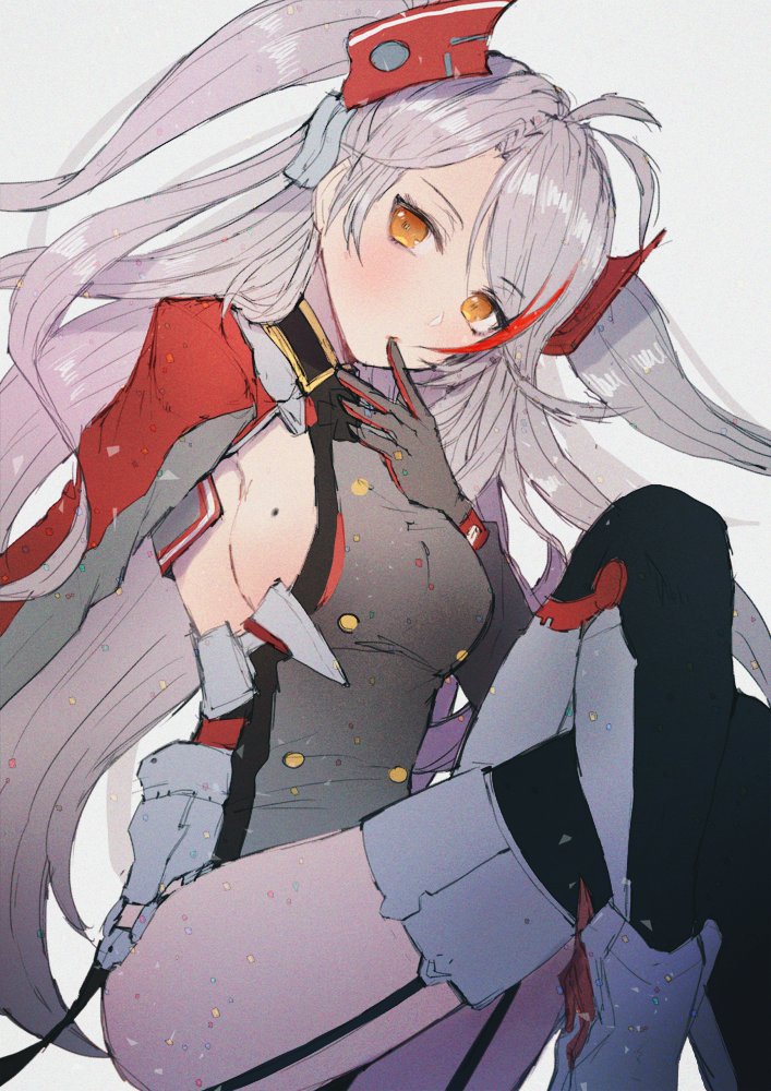 1girl antenna_hair azur_lane bangs blush breasts confetti eyebrows_visible_through_hair finger_to_mouth garter_straps gloves hair_between_eyes hanato_(seonoaiko) head_tilt iron_cross jacket large_breasts legs_crossed long_hair looking_at_viewer military military_uniform mole mole_on_breast multicolored_hair orange_eyes prinz_eugen_(azur_lane) redhead rudder_shoes side_cutout sideboob sidelocks silver_hair simple-background solo streaked_hair swept_bangs thigh-highs thighs two_side_up uniform very_long_hair white_background work_in_progress