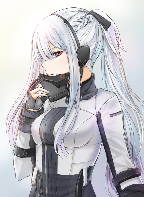 1girl ak-12_(girls_frontline) bangs black_gloves black_ribbon blunt_bangs braid breasts closed_mouth french_braid girls_frontline gloves gradient gradient_background half-closed_eyes half_mask headset long_hair long_sleeves looking_at_viewer medium_breasts p981877 parted_lips partly_fingerless_gloves ponytail ribbon sidelocks silver_hair simple_background smile solo strap upper_body very_long_hair violet_eyes