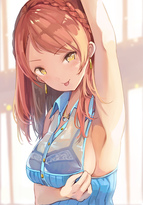 1girl arm_up armpits bare_shoulders blue_shirt braid breasts commentary_request earrings heri houjou_karen idolmaster idolmaster_cinderella_girls indoors jewelry large_breasts long_hair pendant shirt sleeveless tongue tongue_out transparent v-shaped_eyebrows yellow_eyes