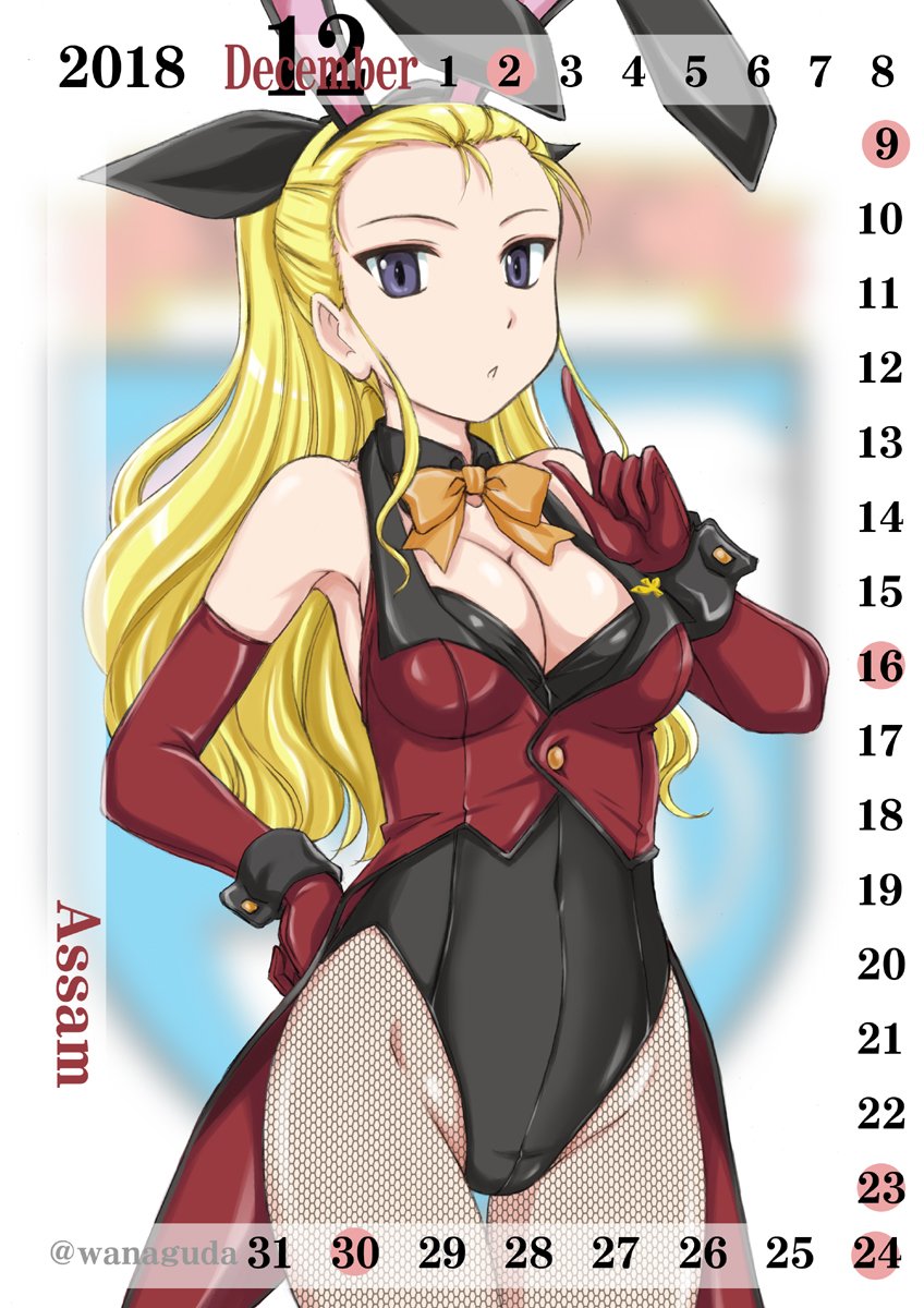 1girl adapted_uniform animal_ears assam black_collar black_legwear black_leotard black_ribbon blonde_hair blue_eyes blurry blurry_background bow bowtie breasts bunnysuit calendar character_name cleavage coattails commentary_request cowboy_shot december detached_collar elbow_gloves emblem english fake_animal_ears fishnet_pantyhose fishnets forehead girls_und_panzer gloves hair_pulled_back hair_ribbon hand_on_hip highleg highleg_leotard highres jacket leotard looking_at_viewer medium_breasts orange_neckwear pantyhose parted_lips pointing pointing_up rabbit_ears red_gloves red_jacket ribbon solo st._gloriana's_(emblem) st._gloriana's_military_uniform standing thigh_gap twitter_username wan'yan_aguda wing_collar wrist_cuffs