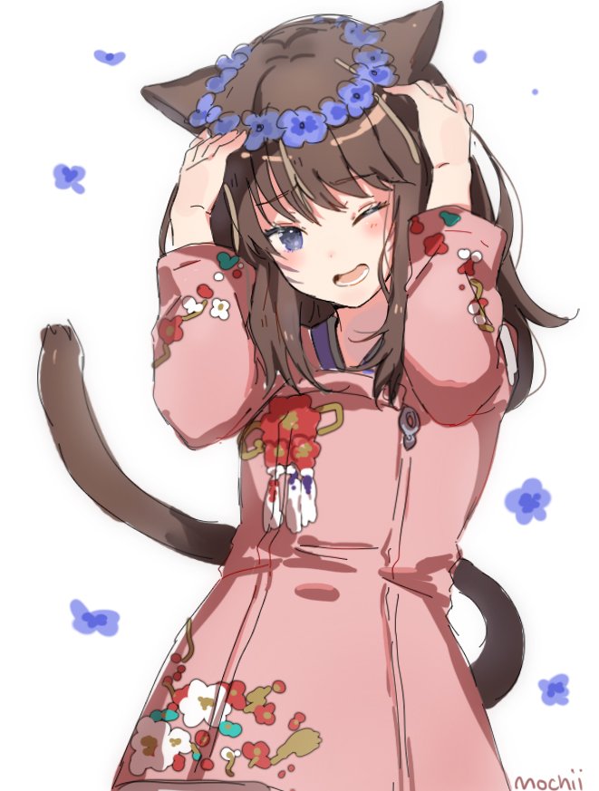 1girl animal_ears arms_up artist_name bangs blue_eyes blue_flower blush cat_ears cat_tail commentary commission embarrassed eyebrows_visible_through_hair facepaint floral_print flower furrowed_eyebrows hair_flower hair_ornament hands_on_head head_wreath long_sleeves looking_at_viewer mochii one_eye_closed open_mouth original simple_background solo tail white_background