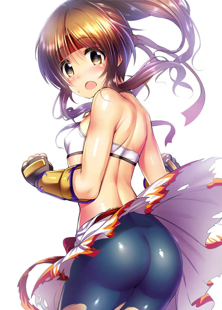 1girl :o arm_guards ass back bandeau bangs bare_back bare_shoulders bike_shorts black_choker black_gloves blue_shorts blush bra breasts brown_hair choker clenched_hands cowboy_shot erect_nipples eyebrows_visible_through_hair fingerless_gloves from_behind gauntlets gloves headband idolmaster idolmaster_cinderella_girls long_hair looking_back ment open_mouth ponytail red_headband shiny shiny_clothes shiny_hair shiny_skin shorts sidelocks skin_tight skirt skirt_lift sleeveless small_breasts standing sweatdrop takamori_aiko tareme torn_clothes torn_skirt underwear white_skirt yellow_eyes