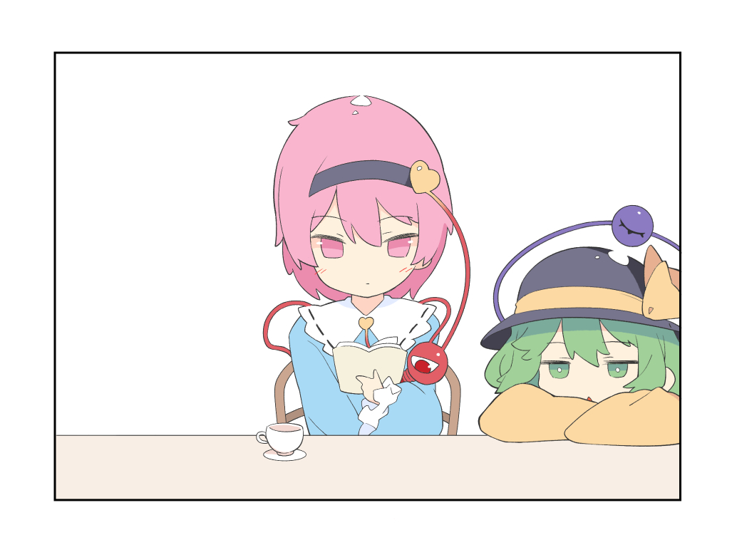 1koma 2girls bangs black_border black_hairband black_hat blue_shirt blush book border bright_pupils comic cup eyebrows_visible_through_hair frilled_shirt_collar frilled_sleeves frills green_eyes green_hair hair_ornament hairband hat hat_ribbon head_on_table head_rest heart heart_hair_ornament holding holding_book jitome komeiji_koishi komeiji_satori long_sleeves multiple_girls open_book orange_ribbon pink_eyes pink_hair reading ribbon ribbon-trimmed_collar ribbon_trim saryuu_(iriomote) shirt short_hair siblings simple_background sisters sleeves_past_fingers solo_focus speech_bubble string table teacup third_eye touhou upper_body white_background