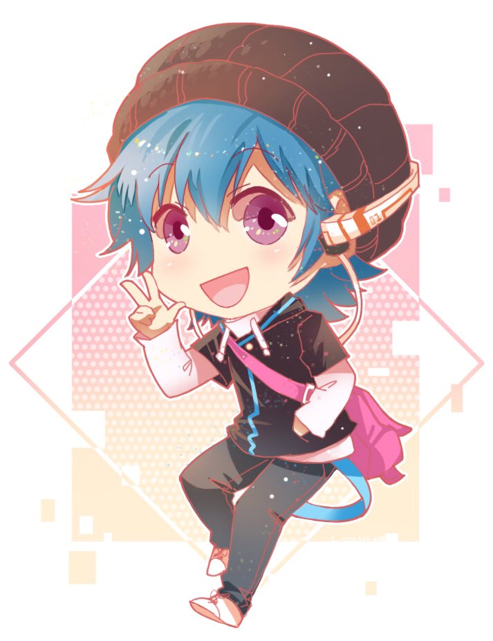 1boy :d blue_hair chibi commentary eyebrows_visible_through_hair hand_in_pocket hand_up hat headphones hood hoodie long_sleeves looking_at_viewer open_mouth original pants shangguan_feiying smile solo standing violet_eyes w