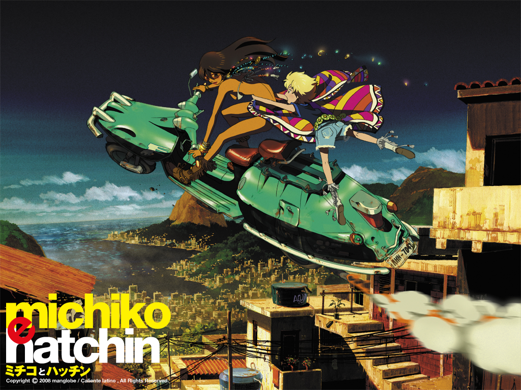 blonde_hair boots brown_hair building dark_skin fringe hachi_morenos hatchin_morenos jewelry michiko_malandro michiko_to_hacchin michiko_to_hatchin motor_vehicle ocean scenery scooter shorts sky sunglasses vehicle wallpaper