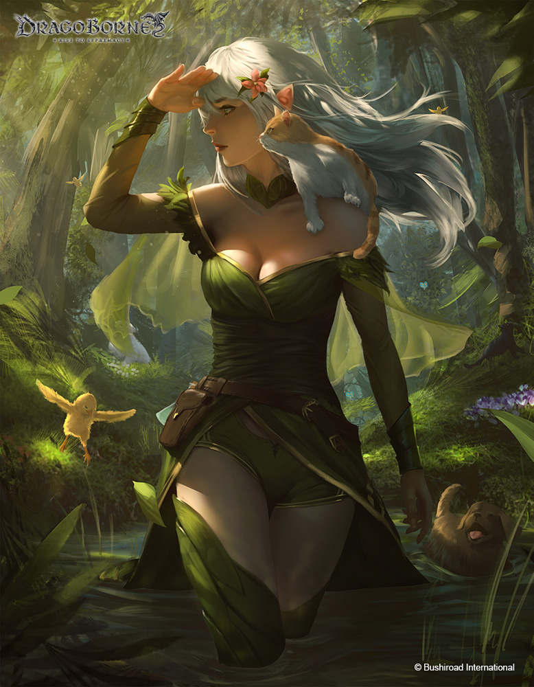 1girl bare_shoulders bird blue_eyes boots breasts cat cleavage closed_mouth detached_collar dog dragoborne fantasy flower forest hair_flower hair_ornament hand_to_forehead large_breasts lips long_hair looking_to_the_side nature official_art pointy_ears raikoart solo strapless thigh-highs thigh_boots walking water watermark white_hair
