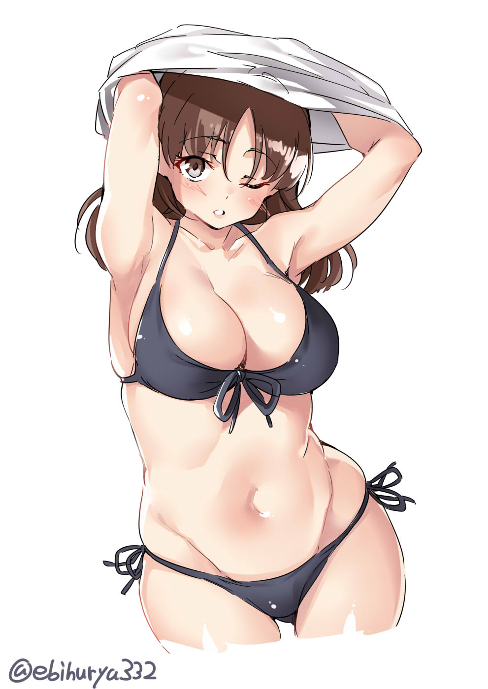 1girl bikini black_bikini black_swimsuit blush breasts brown_eyes brown_hair chiyoda_(kantai_collection) cleavage closed_mouth commentary ebifurya eyebrows_visible_through_hair front-tie_bikini front-tie_top hair_between_eyes highres kantai_collection large_breasts long_hair looking_at_viewer one_eye_closed parted_lips plump side-tie_bikini simple_background solo swimsuit twitter_username undressing white_background