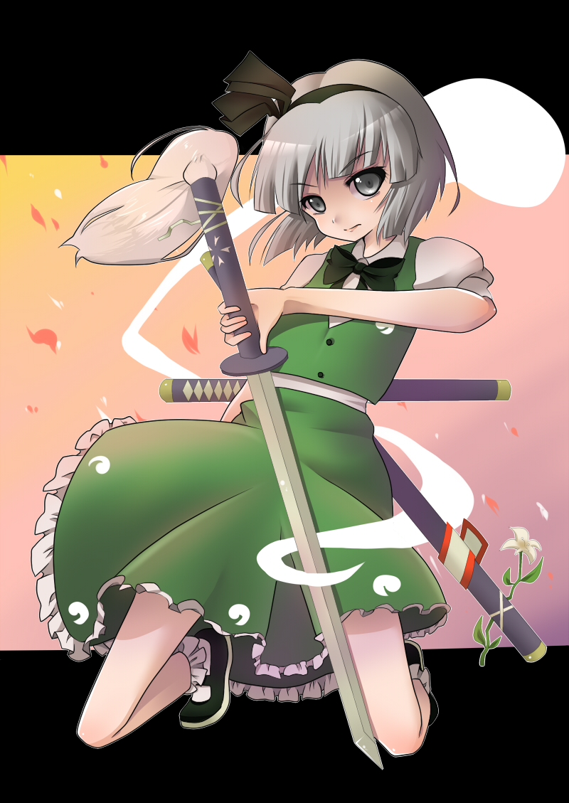 ghost hairband hitodama katana konpaku_youmu konpaku_youmu_(ghost) myon sheath shie short_hair silver_hair solo sword touhou weapon