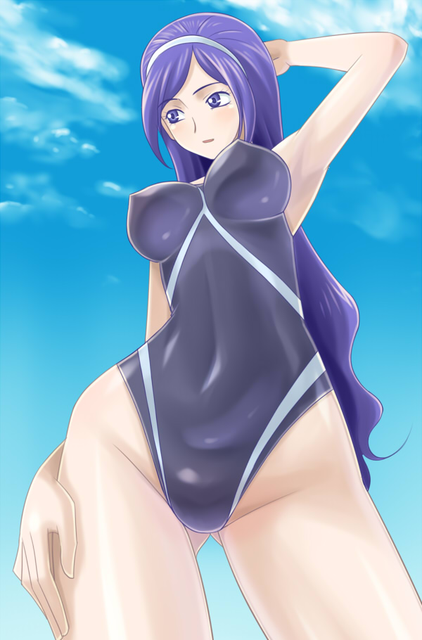 (^_^)_(pixiv198858) armpits arms_up blush cloud clouds competition_swimsuit fresh_precure! fresh_pretty_cure! from_below long_hair muhi11234 one-piece_swimsuit precure pretty_cure purple_eyes purple_hair sky smile standing swimsuit very_long_hair violet_eyes