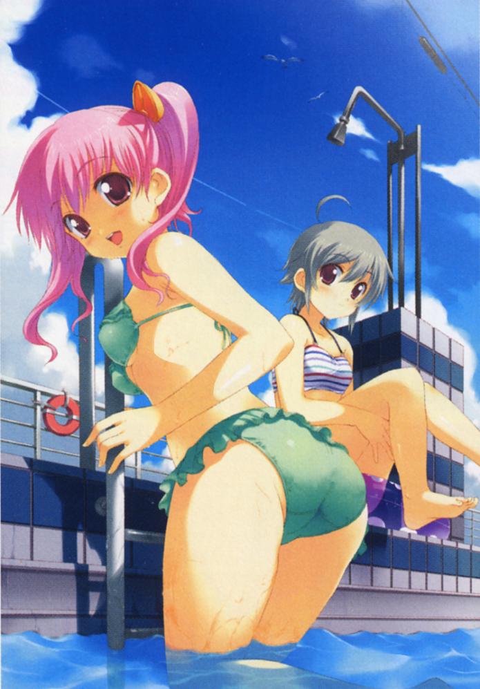 ass bikini grey_hair long_hair multiple_girls pink_eyes pink_hair pool poolside red_eyes short_hair swimsuit twintails