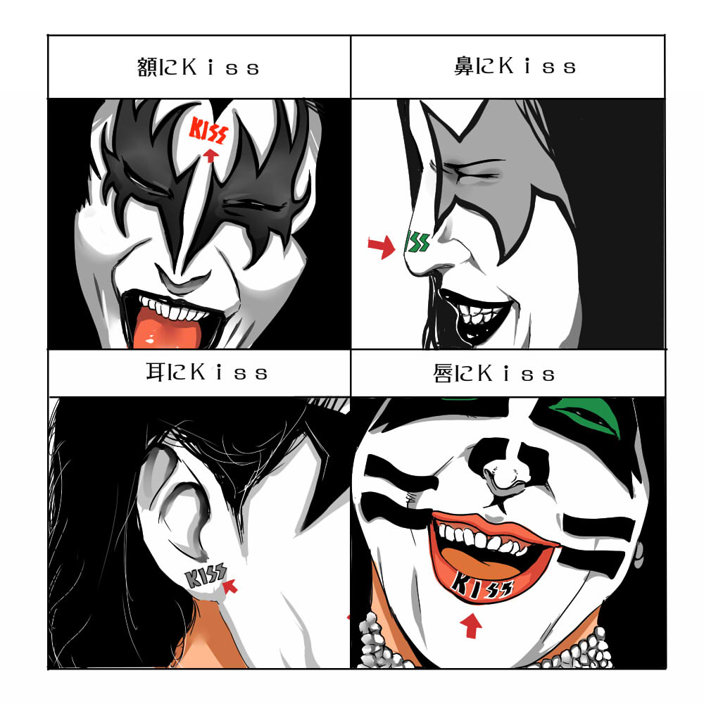chart directional_arrow ear facepaint forehead kiss kiss_(rock_band) kiss_chart lips male nakasone_haiji nose parody pun teeth too_literal translated