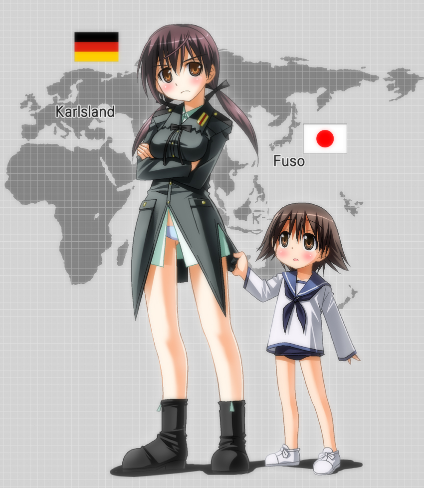 bad_id brown_eyes brown_hair child flag germany gertrud_barkhorn japan japanese_flag map miyafuji_yoshika multiple_girls panties strike_witches twintails umekichi underwear uniform