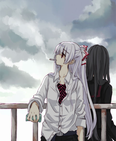 alternate_costume back belt black_hair casual cigarette cloud clouds contemporary flat_chest fujiwara_no_mokou hair_ribbon houraisan_kaguya long_hair multiple_girls open_clothes open_shirt railing red_eyes ribbon school_uniform shirt sleeves_rolled_up smoke smoking touhou white_hair yatosaki_haru