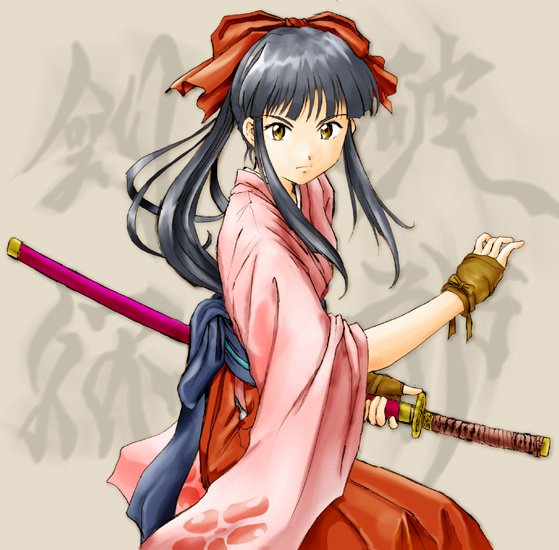 brown_eyes fighting_stance fingerless_gloves gloves hair_ribbon japanese_clothes katana kimono long_hair ponytail ribbon sakura_taisen shinguuji_sakura stance sword weapon