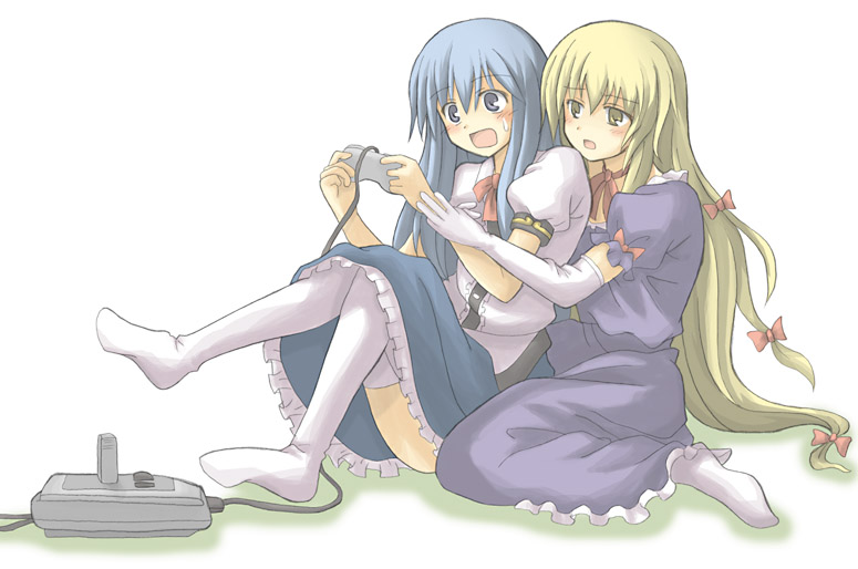 bad_feet bad_id blonde_hair blue_hair blush elbow_gloves girls_playing_games gloves hinanawi_tenshi hinoryu long_hair multiple_girls nintendo playing_games ribbon skirt super_famicom sweat thigh-highs thighhighs touhou video_game yakumo_yukari