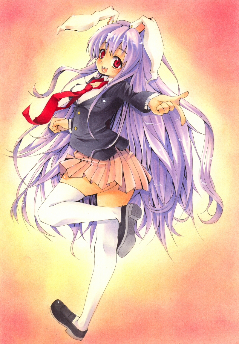 blazer bunny_ears loafers long_hair necktie pleated_skirt purple_hair rabbit_ears red_eyes reisen_udongein_inaba shie shoes skirt thigh-highs thighhighs touhou very_long_hair white_legwear white_thighhighs zettai_ryouiki