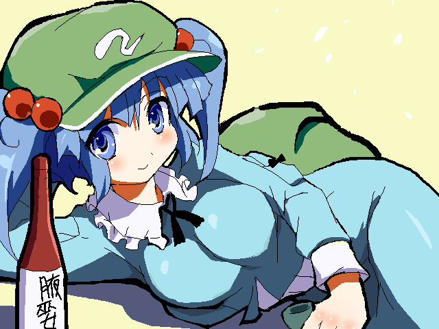 9law arm_support backpack bag blue_eyes blue_hair blush bottle breasts hair_bobbles hair_ornament kawashiro_nitori lying oekaki on_side reclining short_hair smile solo touhou twintails