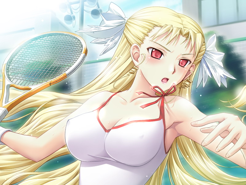 akechi_mari blonde_hair breasts cleavage erect_nipples game_cg long_hair racket red_eyes ribahara_aki sportswear sweat tennis_racket tennis_uniform