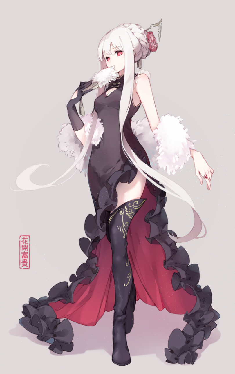 1girl black_dress black_legwear braid commentary_request crown_braid dress elbow_gloves fan flower fur_scarf girls_frontline gloves hair_flower hair_ornament highres jewelry kar98k_(girls_frontline) red_eyes ring ruffled_skirt shuzi thigh-highs white_hair