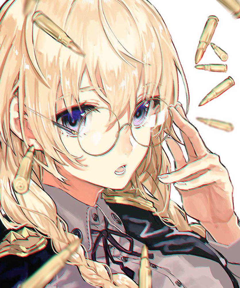 1girl adjusting_eyewear blonde_hair blue_eyes braid bullet glasses original ribbon round_eyewear shell_casing teshima_nari