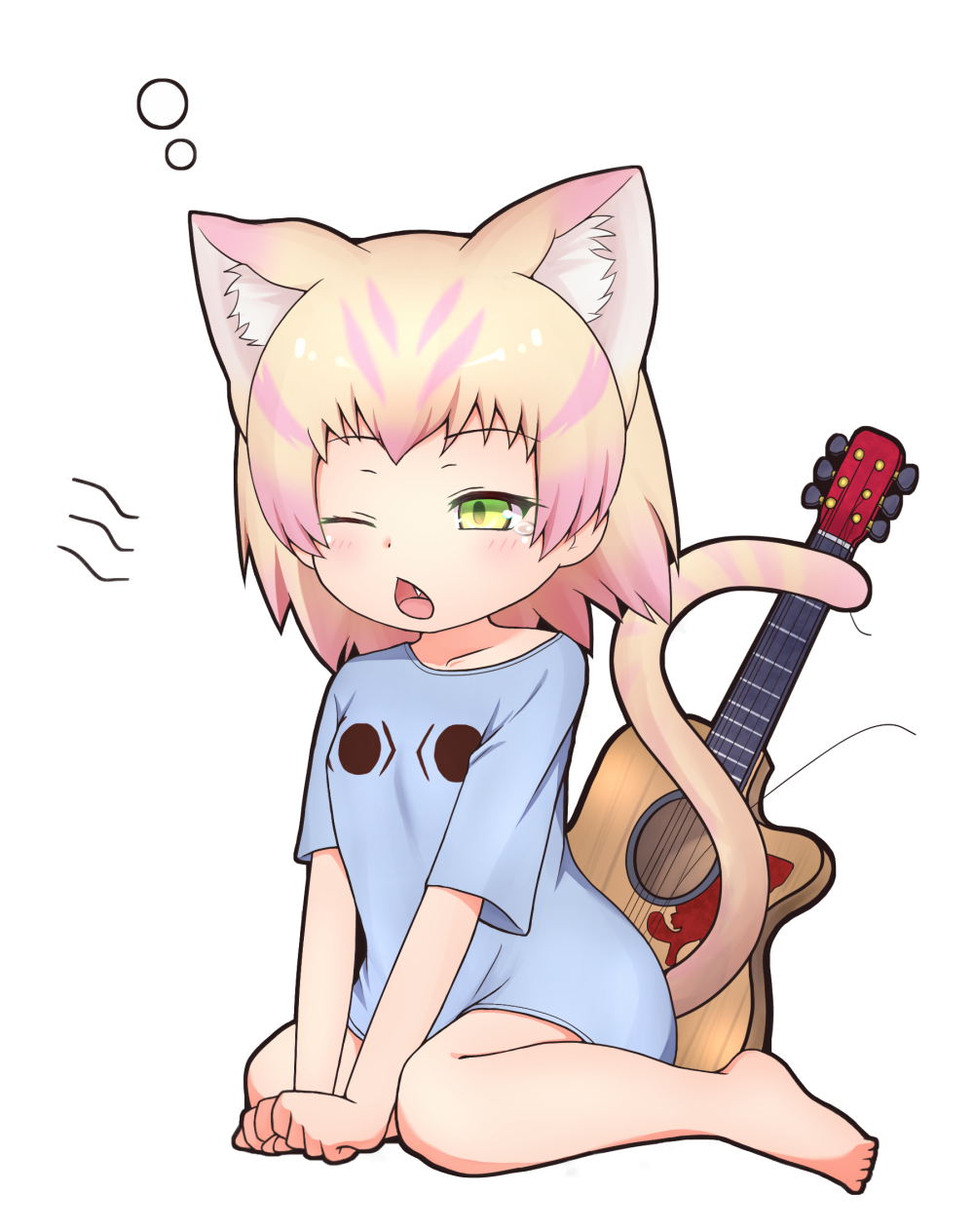 &lt;o&gt;_&lt;o&gt; 1girl animal_ears barefoot blonde_hair cat_ears cat_tail chestnut_mouth commentary extra_ears fang full_body green_eyes guitar highres instrument kemono_friends multicolored_hair nina_yuki no_pants one_eye_closed pink_hair sand_cat_(kemono_friends) shirt short_hair simple_background sitting solo t-shirt tail tears wariza white_background yawning