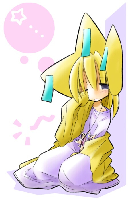 1girl bangs blonde_hair blush dress eyebrows eyebrows_visible_through_hair gen_3_pokemon grey_eyes hair_between_eyes hat jacket jewelry jirachi legendary_pokemon long_hair long_sleeves necklace no_nose off-shoulder_dress off_shoulder one_eye_closed open_clothes open_jacket pendant personification pokemon pokemon_(game) pokemon_rse rascal sitting sleeves_past_wrists solo star straight_hair tassel wariza white_dress wiping_eyes yellow_hat yellow_jacket