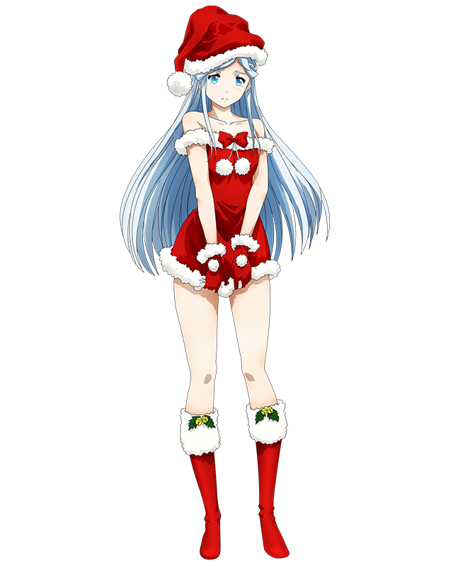 1girl blue_eyes blush boots bow collarbone dress dress_tug full_body fur_trim gloves hat log_horizon long_hair looking_away official_art red_bow red_dress red_footwear red_gloves red_hat reinesia_el_arte_cowen santa_boots santa_costume santa_hat silver_hair sleeveless sleeveless_dress solo standing strapless strapless_dress transparent_background very_long_hair