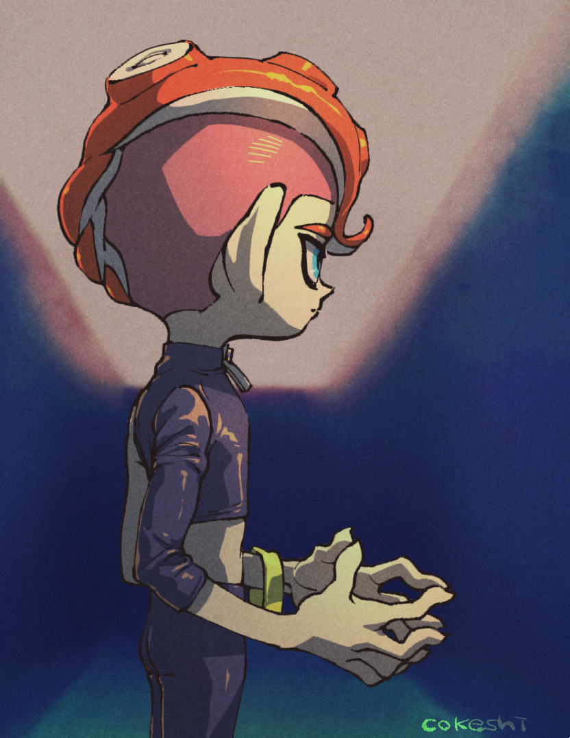 1boy agent_8 artist_name asymmetrical_clothes black_pants black_shirt blue_background blue_eyes closed_mouth cokeshi cowboy_shot expressionless facing_away fingers_together long_sleeves male_focus midriff octoling pants redhead shirt simple_background splatoon splatoon_2 splatoon_2:_octo_expansion tentacle_hair undercut