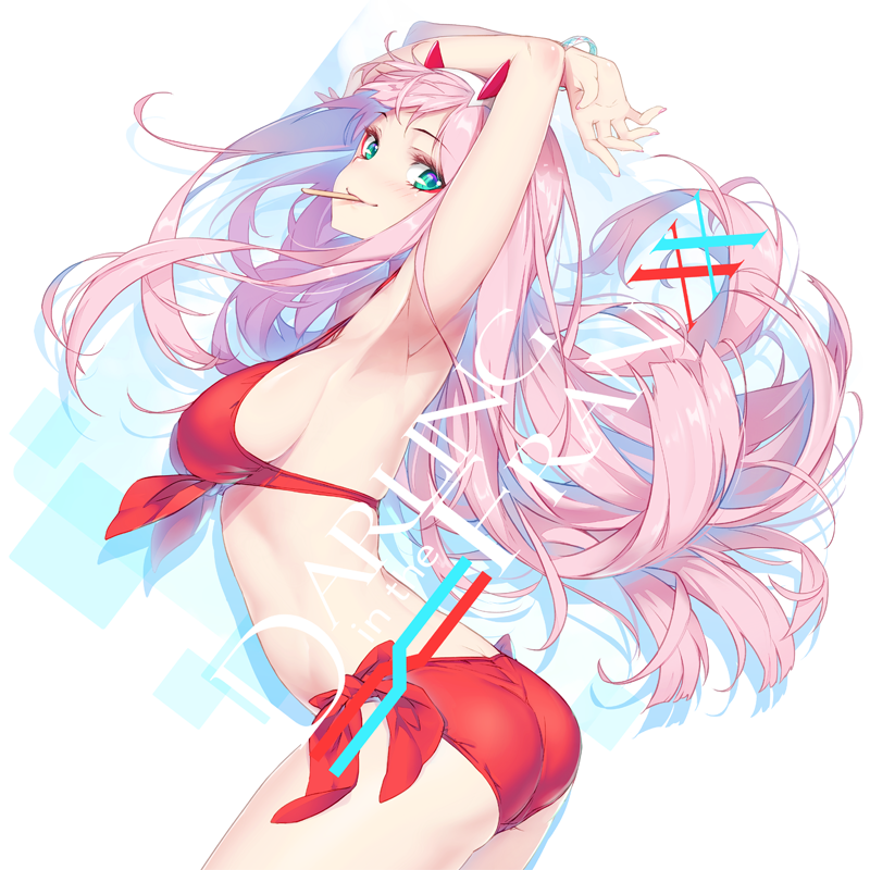 1girl aqua_eyes armpits arms_up ass bikini blush breasts darling_in_the_franxx food_in_mouth from_side hong_(white_spider) horns long_hair looking_at_viewer medium_breasts navel open_mouth pink_hair red_bikini sideboob smile solo swimsuit text very_long_hair zero_two_(darling_in_the_franxx)
