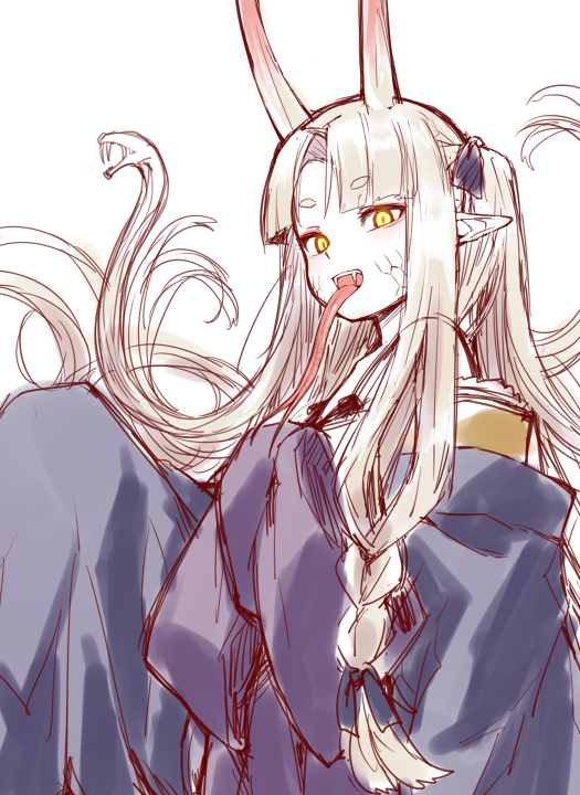 1girl :d bangs blonde_hair blunt_bangs commentary_request eyebrows_visible_through_hair fangs forked_tongue horns japanese_clothes kimono long_hair long_sleeves long_tongue looking_at_viewer monster_girl oni_horns open_mouth original parted_bangs pointy_ears short_eyebrows sketch sleeves_past_fingers slit_pupils smile snake_hair solo tongue tongue_out two_side_up very_long_hair white_background wide_sleeves yagi_(ningen) yellow_eyes