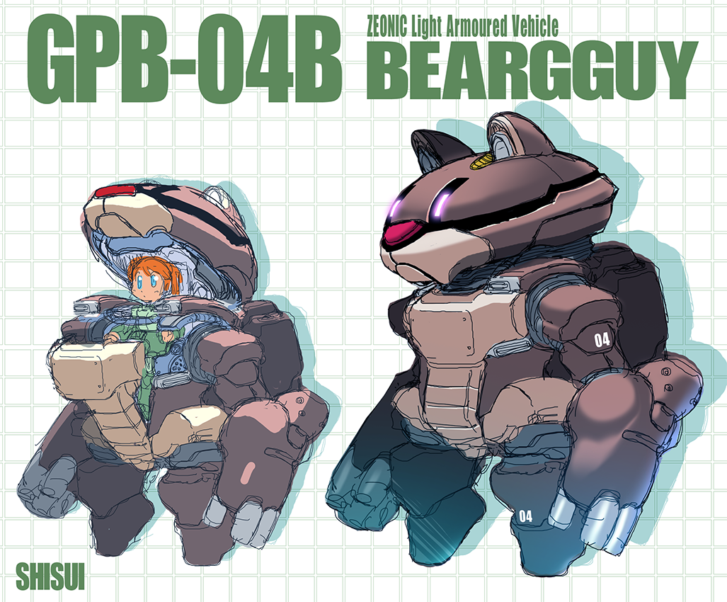 1girl aqua_eyes artist_name beargguy character_name glowing glowing_eyes gundam mecha model_suit_gunpla_builders_beginning_g orange_hair shisui sketch standing violet_eyes