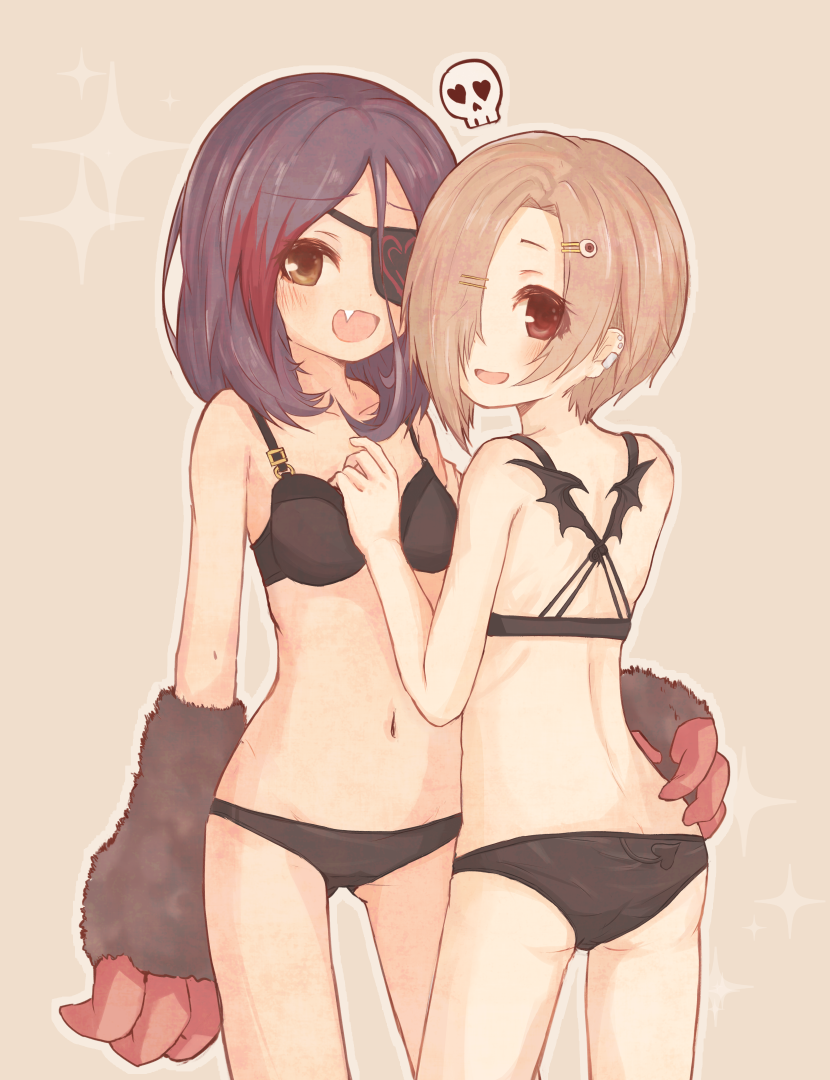 2girls :d ass bat_wings bikini black_bikini blonde_hair blush breasts brown_eyes commentary_request demon_tail eyepatch fang flat_ass hair_ornament hair_over_one_eye hairclip hand_on_another's_hip hayasaka_mirei idolmaster idolmaster_cinderella_girls light_brown_background looking_at_viewer looking_back multicolored_hair multiple_girls navel open_mouth pery_lene piercing purple_hair shirasaka_koume short_hair simple_background skull small_breasts smile solo star swimsuit tail wings