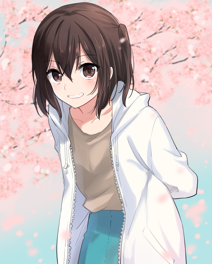 1girl arms_behind_back blue_skirt blush brown_eyes brown_shirt cherry_blossoms coat commentary_request eyebrows_visible_through_hair grin hair_between_eyes ica kantai_collection leaning_forward long_sleeves looking_at_viewer open_clothes open_coat sendai_(kantai_collection) shirt short_hair skirt smile solo tree two_side_up