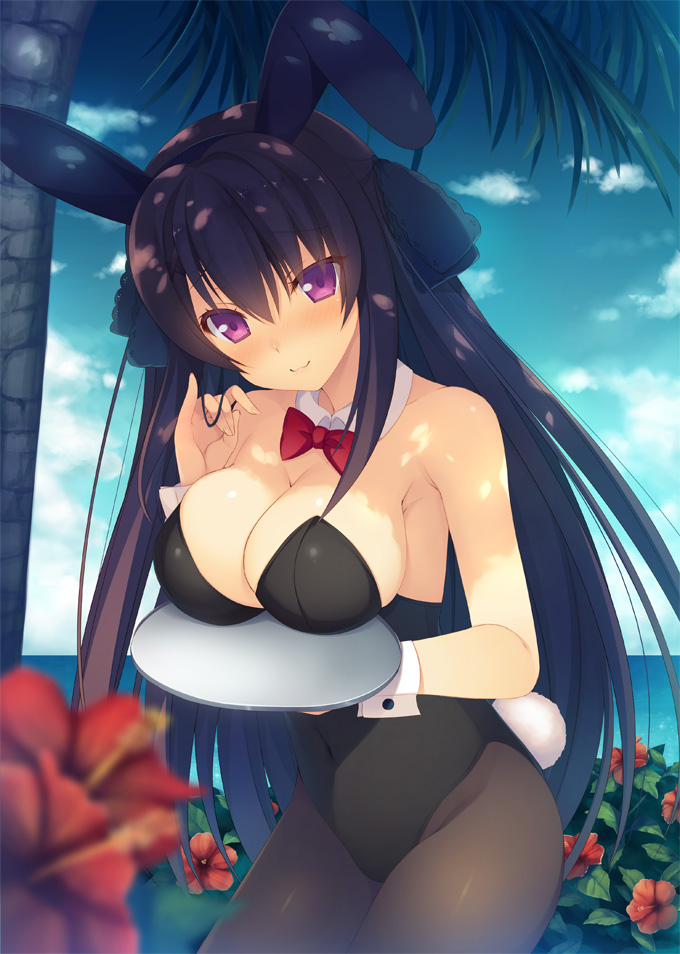 1girl animal_ears ao_no_kanata_no_four_rhythm aotsu_karin bare_shoulders black_hair blue_sky bow bowtie breasts bunnysuit cleavage closed_mouth clouds day detached_collar flower long_hair looking_at_viewer medium_breasts ocean rabbit_ears red_neckwear sky smile solo tobisawa_misaki violet_eyes