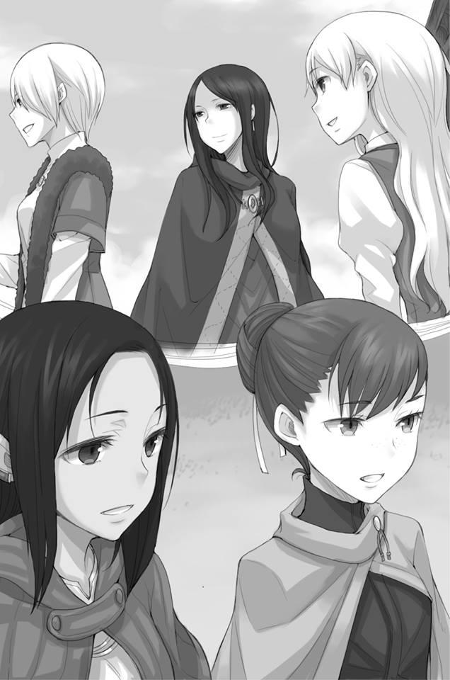 5girls ayakura_juu cape dian_rubens elsa_schtingheim eve_bolan eyebrows_visible_through_hair fran_vonely greyscale hair_between_eyes hair_ribbon long_hair monochrome multiple_girls nora_arento novel_illustration official_art outdoors parted_lips ribbon shirt short_hair smile spice_and_wolf standing upper_body