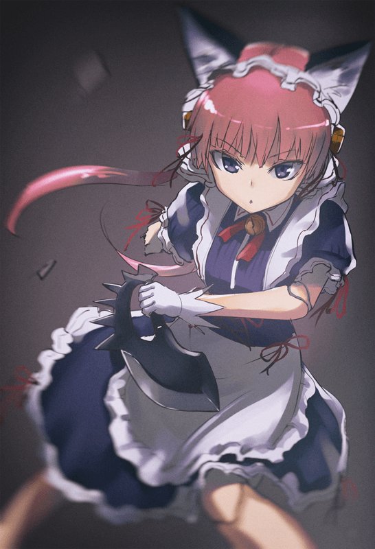 1girl android animal_ears apron bell broken cat_ears clarion dress gloves holding holding_weapon jingle_bell koukaku_no_pandora long_hair looking_at_viewer maid maid_headdress parted_lips pink_hair purple_dress solo standing tea_(nakenashi) violet_eyes waist_apron weapon white_apron white_gloves