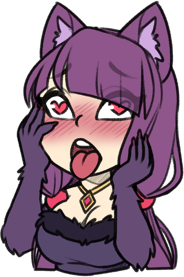 1girl ahegao animal_ears bangs blunt_bangs blush breasts cleavage commentary eyebrows_visible_through_hair fingernails fur_trim hands_up heart heart-shaped_pupils jewelry large_breasts low_twintails luna_of_water manticore_(monster_girl_encyclopedia) monster_girl monster_girl_encyclopedia necklace nose_blush original paws purple_hair solo symbol-shaped_pupils tongue tongue_out transparent_background twintails upper_body