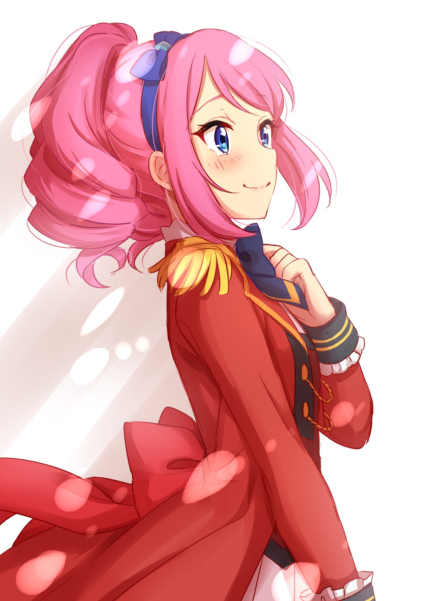 1girl aikatsu!_(series) aikatsu_stars! blue_bow blue_eyes blue_neckwear blush bow bowtie closed_mouth commentary_request epaulettes eyebrows_visible_through_hair from_side hair_bow hairband hand_up highres jacket lens_flare long_sleeves pink_hair ponytail red_jacket sakuraba_rola sekina smile solo standing
