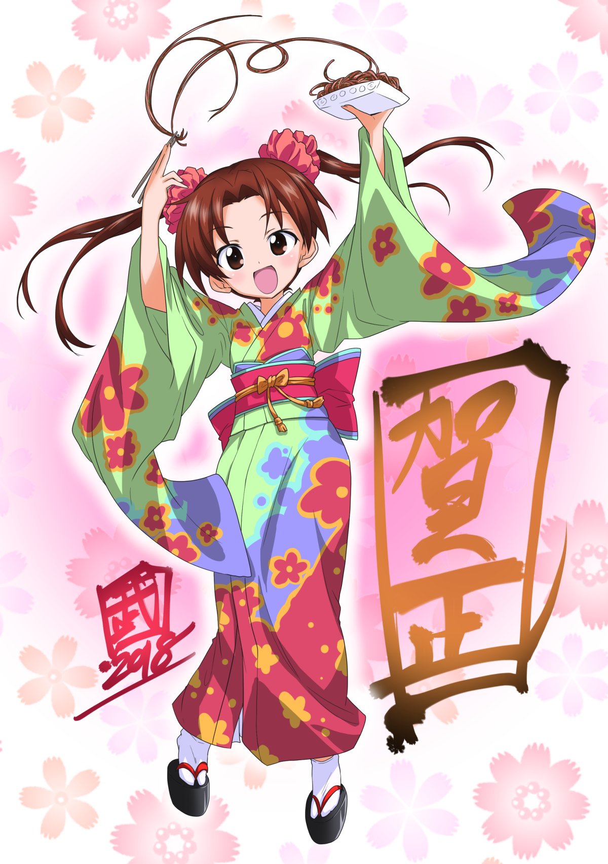 1girl 2018 :d arms_up artist_name bangs brown_eyes brown_hair chopsticks commentary floral_background floral_print food girls_und_panzer hair_ornament hair_scrunchie highres holding holding_food japanese_clothes kadotani_anzu kimono long_hair long_sleeves looking_at_viewer multicolored multicolored_background multicolored_clothes multicolored_kimono noodles open_mouth parted_bangs print_kimono sandals scrunchie signature smile solo standing tabi take_shinobu translation_request twintails white_legwear wide_sleeves