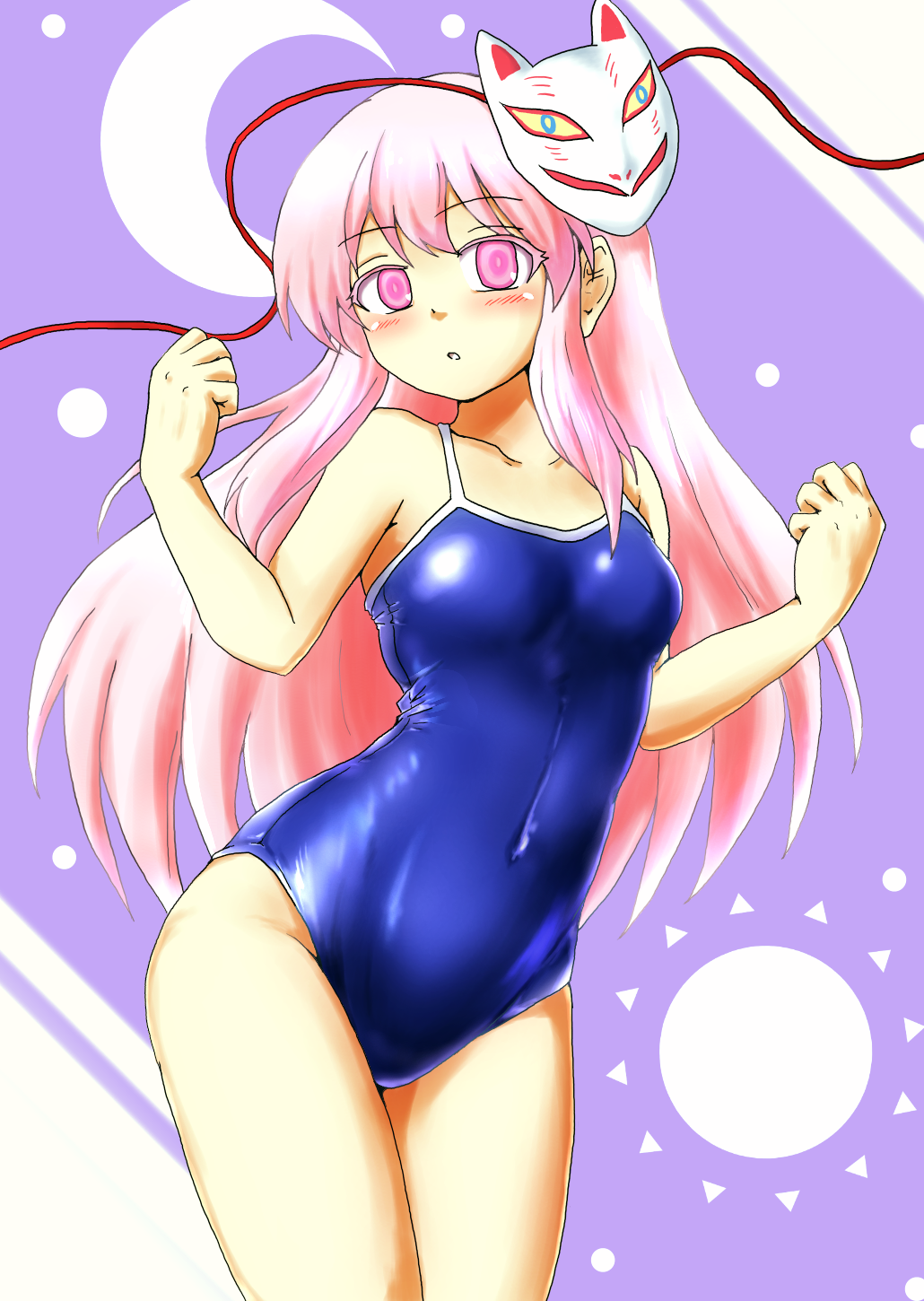 1girl blush breasts competition_school_swimsuit crescent_moon d-m_(dii_emu) fox_mask hata_no_kokoro highres long_hair mask mask_on_head moon open_mouth pink_eyes pink_hair school_swimsuit small_breasts solo sun swimsuit touhou