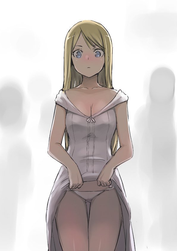 1girl blonde_hair blue_eyes blush breasts character_request cleavage copyright_request cowboy_shot dress dress_lift eyebrows_visible_through_hair gluteal_fold grey_background legs_together long_dress medium_breasts nose_blush panties solo standing tea_(nakenashi) thigh_gap underwear white_dress white_panties