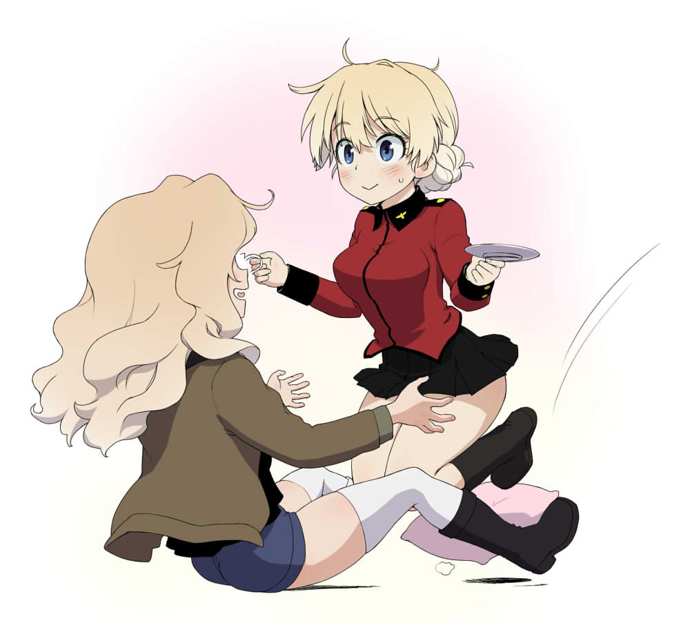 2girls black_footwear black_skirt blonde_hair blue_eyes blue_shorts boots braid brown_jacket closed_mouth commentary_request cup darjeeling denim denim_shorts epaulettes falling girls_und_panzer hair_intakes heart holding jacket kay_(girls_und_panzer) kneeling long_hair long_sleeves looking_at_another messy_hair military military_uniform miniskirt motion_lines multiple_girls open_clothes open_jacket open_mouth outstretched_arms pillow pleated_skirt red_jacket saucer saunders_military_uniform short_hair short_shorts shorts sitting skirt smile st._gloriana's_military_uniform teacup thigh-highs tied_hair twin_braids uniform wata_do_chinkuru white_legwear