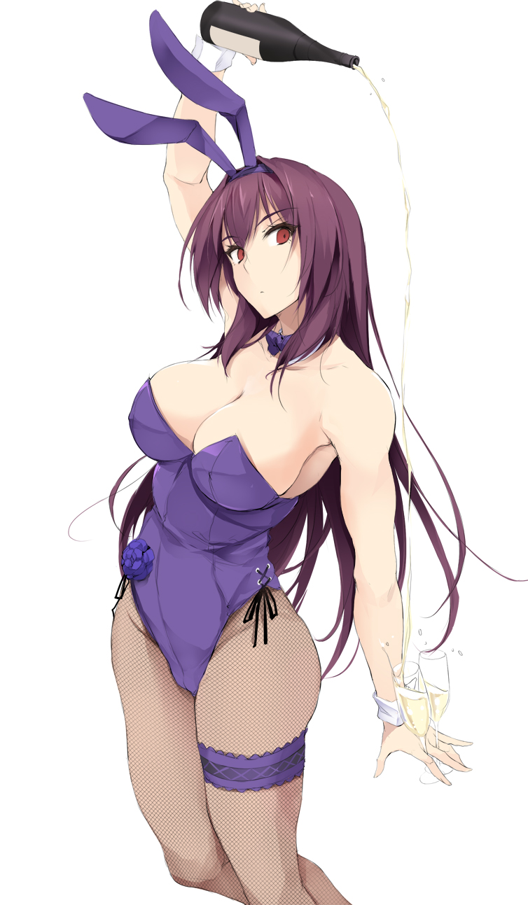 1girl alcohol animal_ears bare_shoulders bottle bow bowtie breasts bunnysuit cleavage commentary_request cowboy_shot cup detached_collar drinking_glass fate/grand_order fate_(series) fishnet_pantyhose fishnets flower hair_intakes highres large_breasts leotard long_hair looking_at_viewer pantyhose pouring purple_flower purple_hair purple_leotard purple_neckwear purple_rose rabbit_ears red_eyes rose scathach_(fate/grand_order) simple_background solo standing strapless strapless_leotard white_background wine wine_bottle wine_glass wrist_cuffs zekkyon