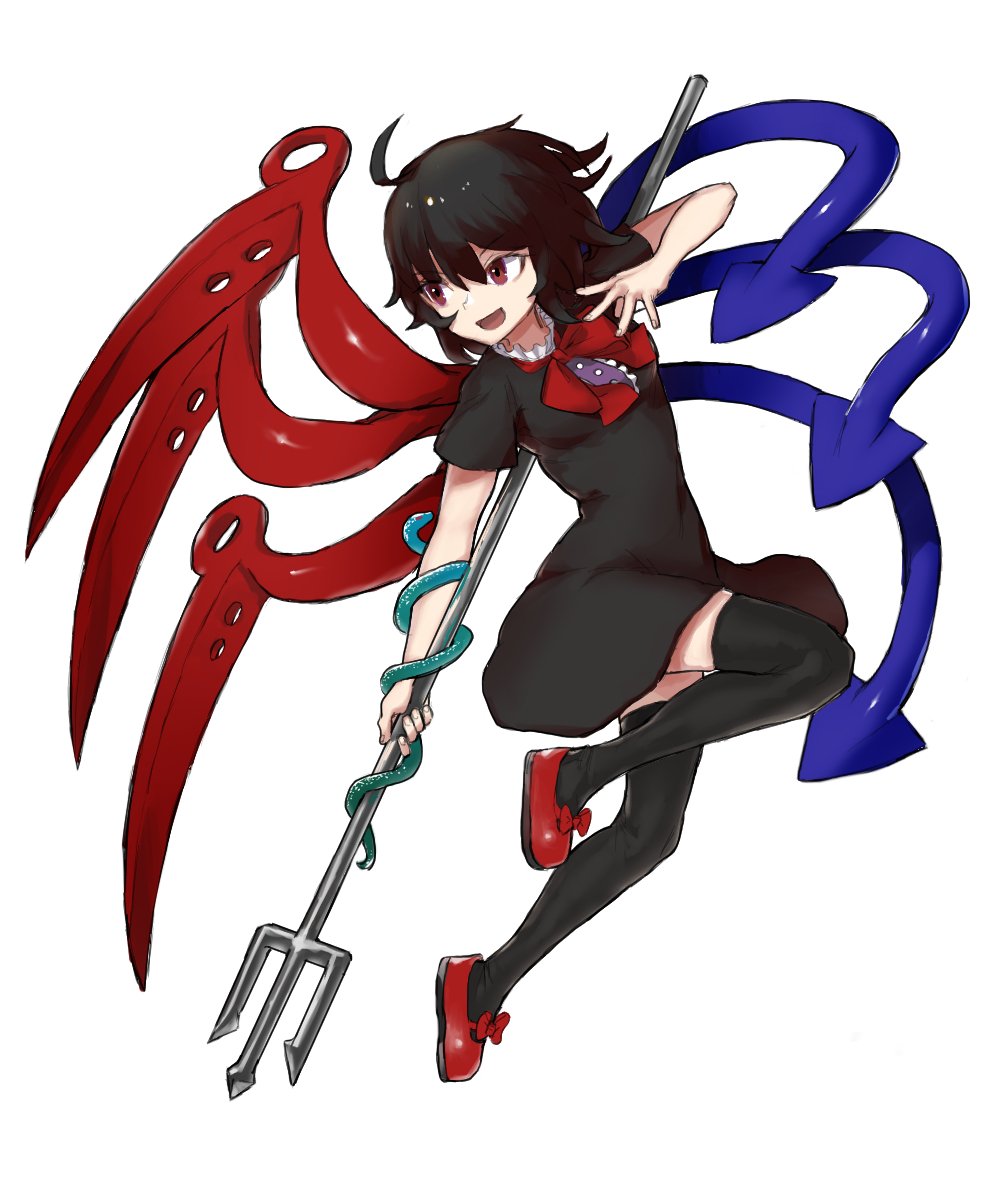 :d ahoge asymmetrical_wings bent_elbow bent_knee black_dress black_hair black_legwear bow bowtie breasts center_frills dress error eyebrows_visible_through_hair flipped_hair from_side hair_between_eyes highres holding holding_spear holding_weapon houjuu_nue looking_away mary_janes matinmorgen medium_breasts midair open_mouth polearm red_eyes red_footwear red_neckwear shoe_ribbon shoes short_dress short_hair short_sleeves simple_background smile snake spear thigh-highs touhou trident twisted_torso weapon white_background wings zettai_ryouiki