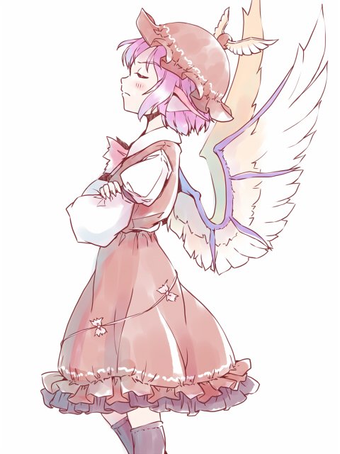 1girl animal_ears bird_wings black_legwear brown_dress brown_hat closed_eyes closed_mouth commentary_request crossed_arms dress from_side hat long_sleeves mystia_lorelei pink_hair profile puffy_long_sleeves puffy_sleeves rangycrow simple_background solo standing touhou white_background wings