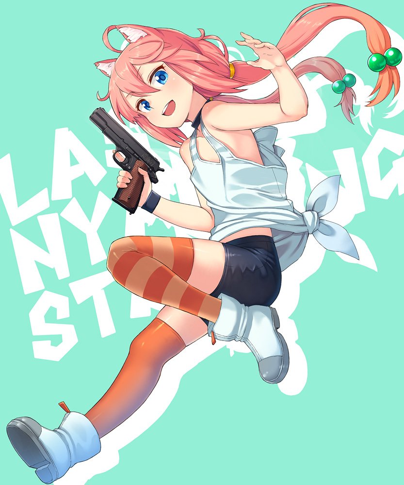 1girl :d animal_ears ankle_boots bare_arms bare_shoulders black_choker blue_eyes blush boots cat_ears choker commentary_request drop_shadow flat_chest gun hair_between_eyes hair_bobbles hair_ornament handgun hinata_channel holding holding_gun holding_weapon itou_(onsoku_tassha) jumping long_hair looking_at_viewer low-tied_long_hair low_twintails mismatched_legwear nekomiya_hinata no_bra open_mouth orange_legwear pink_hair pistol shirt short_shorts shorts smile solo thigh-highs trigger_discipline twintails upper_teeth weapon white_shirt